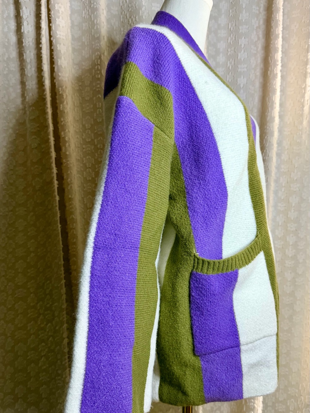 Striped Button-Front Cardigan in Olive, Purple & Cream - Picture 4 of 8